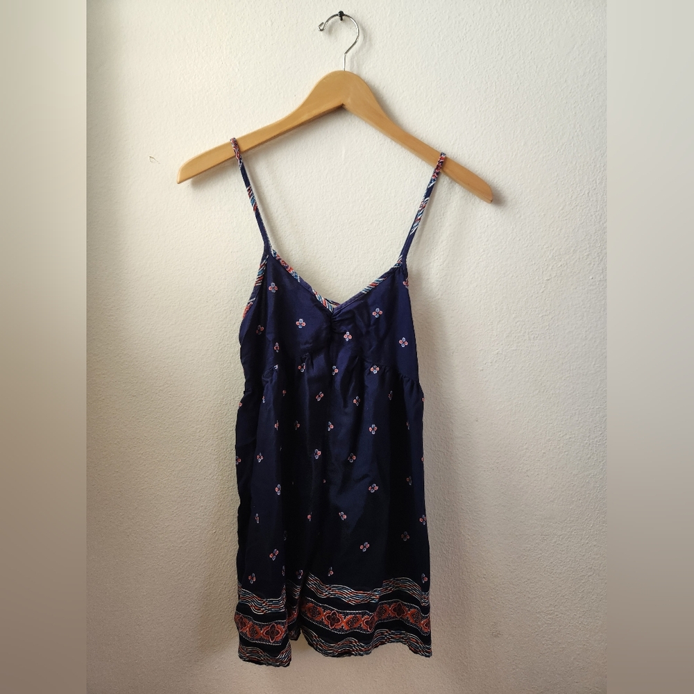 Urban Outfitters Strappy Romper Navy Print‎ V-Neckline Lace-Up Back Small